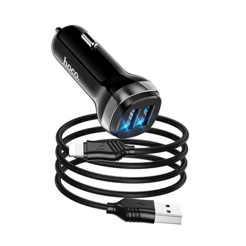 HOCO Z40 autós töltő 2 USB aljzat (12W, gyorstöltő, LED jelzés + lightning kábel) FEKETE