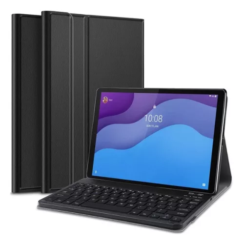 Tok álló, bőr hatású (FLIP, bluetooth billentyűzet, asztali tartó, QWERTY, angol nyelvű) FEKETE