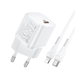   HOCO N10 STARTER hálózati töltő Type-C aljzat (20W, PD gyorstöltő 3.0 + Type-C - lightning kábel) FEHÉR