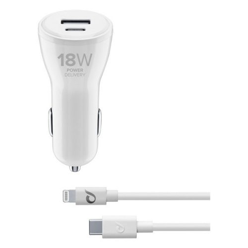 CELLULARLINE autós töltő USB+Type-C aljzat (18+12W, gyorstöltő + Type-C - lightning kábel) FEHÉR