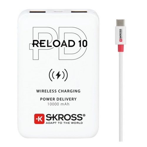 SKROSS RELOAD 10 QI vésztöltő 2 USB+Type-C aljzat (10000mAh, 10W, gyorstöltő + kábel) FEHÉR