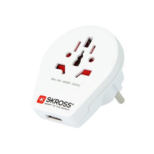 SKROSS utazó adapter USB aljzat (240V/16A, US, UK, IT, AUS - EU2 pin, földelt) FEHÉR