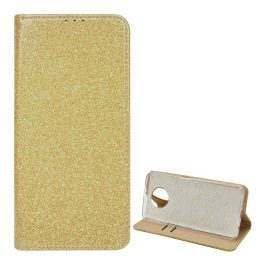   Tok álló, bőr hatású (FLIP, szilikon belső, oldalra nyíló, asztali tartó, kártyazseb, csillogó) ARANY