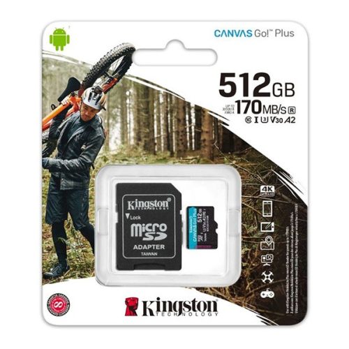 KINGSTON memóriakártya 512GB (microSDXC Canvas Go Plus - Class 10, V30, UHS-1, U3) + SD adapter