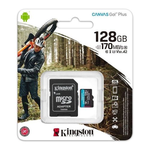 KINGSTON memóriakártya 128GB (microSDXC Canvas Go Plus - Class 10, V30, UHS-1, U3) + SD adapter