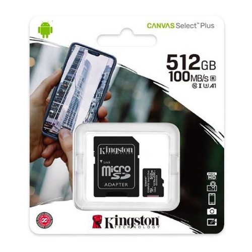 KINGSTON memóriakártya 512GB (microSDXC Canvas Select Plus - Class 10, UHS-1, A1) + SD adapter