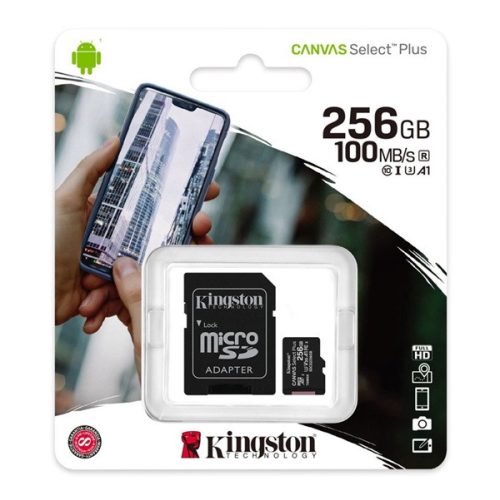 KINGSTON memóriakártya 256GB (microSDXC Canvas Select Plus - Class 10, UHS-1, A1) + SD adapter