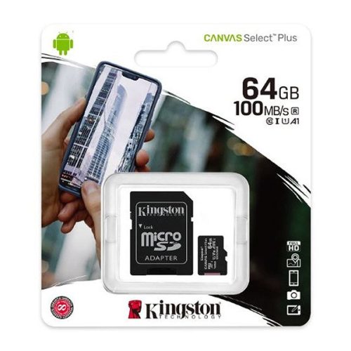 KINGSTON memóriakártya 64GB (microSDXC Canvas Select Plus - Class 10, UHS-1, A1) + SD adapter