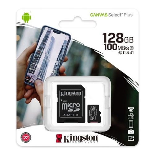 KINGSTON memóriakártya 128GB (microSDXC Canvas Select Plus - Class 10, UHS-1, A1) + SD adapter