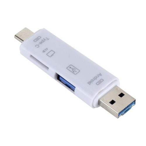 Adapter 5in1 (USB - microUSB - Type-C aljzat, microSD/pendrive olvasó, OTG) FEHÉR