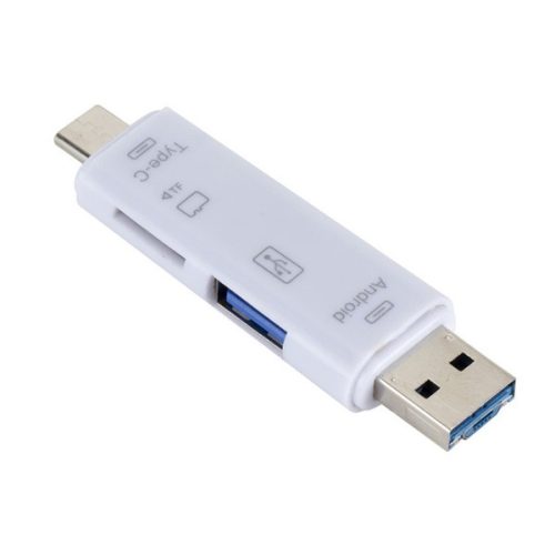 Adapter 5in1 (USB - microUSB - Type-C aljzat, microSD/pendrive olvasó, OTG) FEHÉR