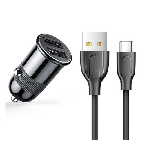 JOYROOM autós töltő 2 USB aljzat (5V/3.1A, PD gyorstöltő + Type-C kábel) FEKETE