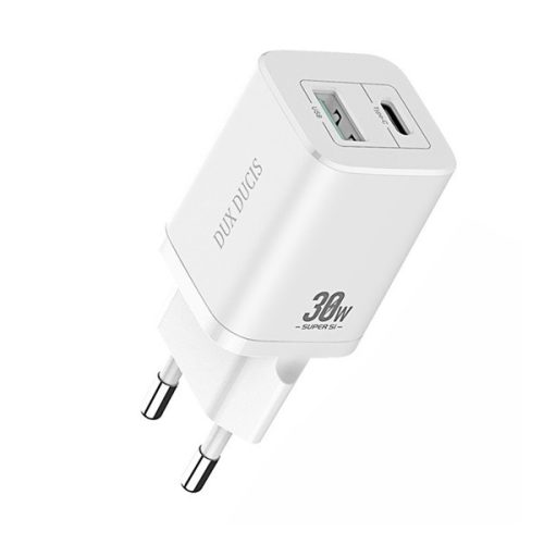 DUX DUCIS C80 hálózati töltő USB+Type-C aljzat (30W, PD gyorstöltő) FEHÉR