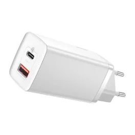   BASEUS hálózati töltő USB+Type-C aljzat (65W, GaN2, PD gyorstöltő 3.0) FEHÉR