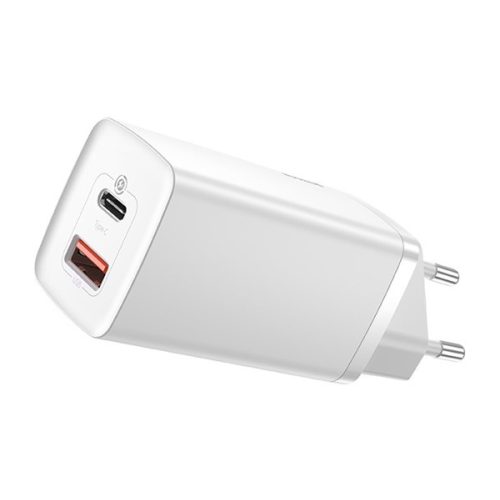 BASEUS hálózati töltő USB+Type-C aljzat (65W, GaN2, PD gyorstöltő 3.0) FEHÉR