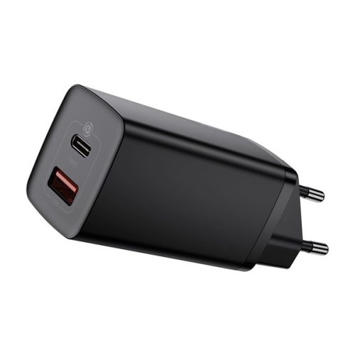 BASEUS hálózati töltő USB+Type-C aljzat (65W, GaN2, PD gyorstöltő 3.0) FEKETE