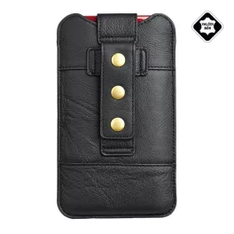   Tok álló, valódi bőr, POUCH (univerzális, övre fűzhető, csatos, 6.1" méret, prémium) FEKETE