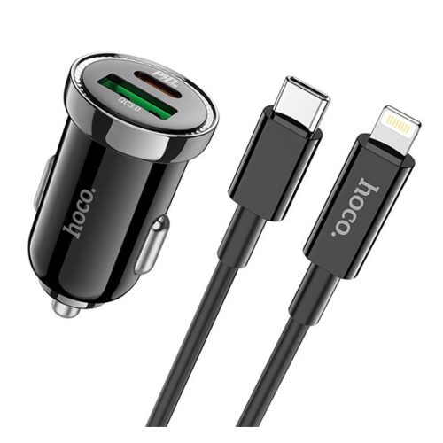 HOCO Z44 autós töltő USB+Type-C aljzat (15W, PD gyorstöltő 3.0 + Type-C - lightning kábel) FEKETE