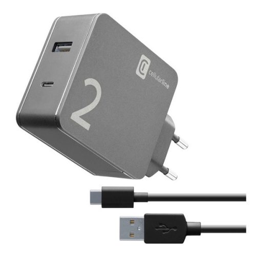 CELLULARLINE hálózati töltő USB+Type-C aljzat (48W gyorstöltő + Type-C kábel) FEKETE