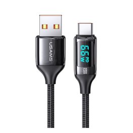   USAMS U78 adatkábel (USB - Type-C, 65W, PD gyorstöltő, cipőfűző, LED kijelző, 120cm) FEKETE