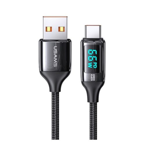 USAMS U78 adatkábel (USB - Type-C, 65W, PD gyorstöltő, cipőfűző, LED kijelző, 120cm) FEKETE
