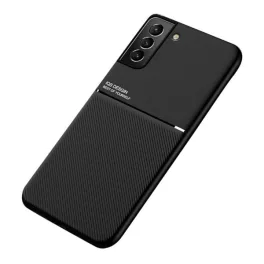   Szilikon telefonvédő (ütésállóság, mágneses, bőr hatású hátlap, csíkos) FEKETE