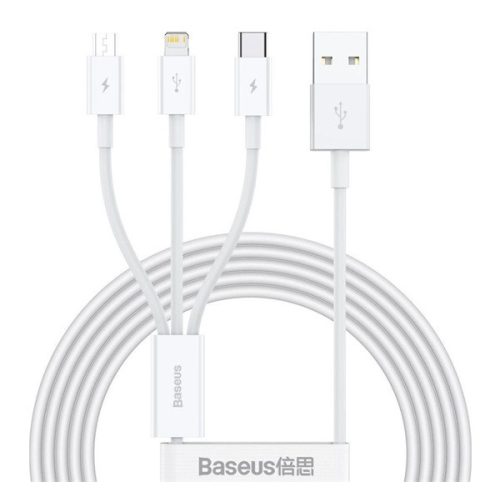 BASEUS töltőkábel 3in1 (USB - Type-C/lightning/microUSB, gyorstöltő, 150cm) FEHÉR