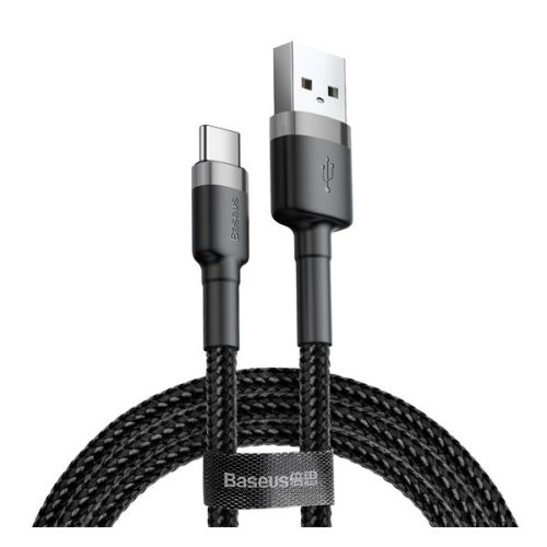 BASEUS CAFULE adatkábel (USB - Type-C, 2A, PD gyorstöltő 3.0, 300cm, cipőfűző) FEKETE/SZÜRKE