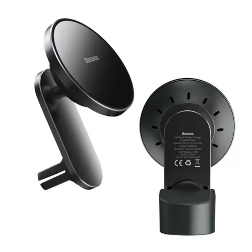 BASEUS autós tartó (műszerfalra, szellőzőre, tapadókorongos, 15W, wireless, mágneses) FEKETE