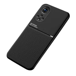   Szilikon telefonvédő (ütésállóság, mágneses, bőr hatású hátlap, csíkos) FEKETE