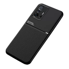   Szilikon telefonvédő (ütésállóság, mágneses, bőr hatású hátlap, csíkos) FEKETE