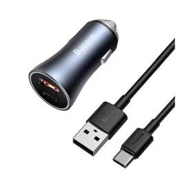   BASEUS autós töltő USB+Type-C aljzat (40W, PD gyorstöltő 4.0, LED jelzés + Type-C kábel) SZÜRKE