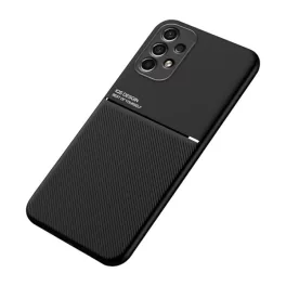   Szilikon telefonvédő (ütésállóság, mágneses, bőr hatású hátlap, csíkos) FEKETE