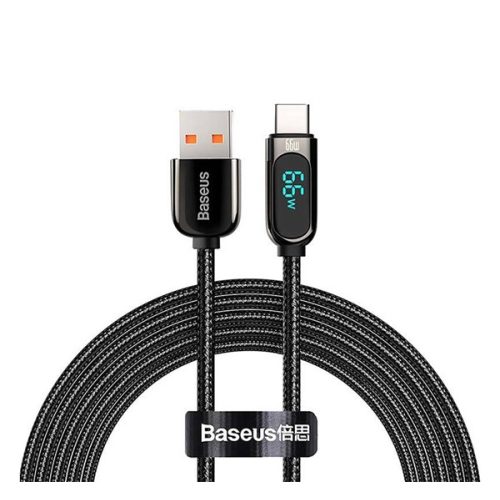 BASEUS adatkábel (USB - Type-C, 66W, gyorstöltő, 200cm, LED kijelző, cipőfűző) FEKETE