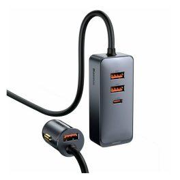   BASEUS autós töltő 3 USB+Type-C aljzat (120W, PD gyorstöltő + 1.5m hosszabbító) SZÜRKE