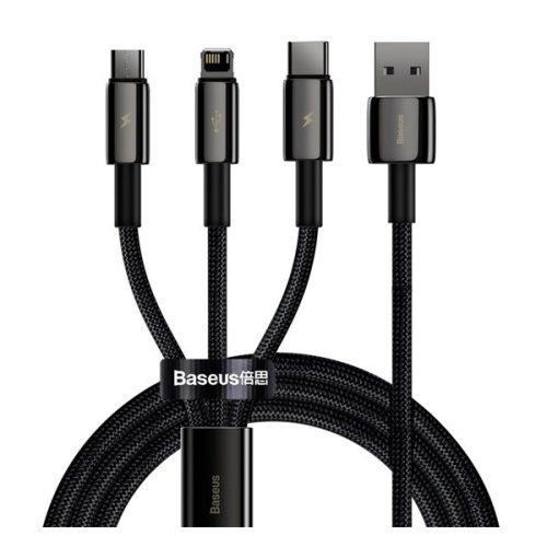 BASEUS töltőkábel 3in1 (USB - lightning/Type-C/microUSB, gyorstöltő, 150cm, törésgátló) FEKETE