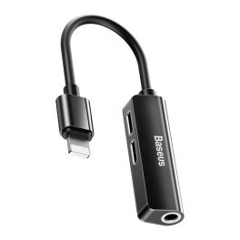 BASEUS audió adapter és töltőkábel (elosztó, 2 lightning+3.5mm jack aljzat - lightning) FEKETE   BASEUS audió adapter és töltőkábel (elosztó, 2 lightning+3.5mm jack aljzat - lightning) FEKETE