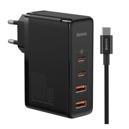   BASEUS hálózati töltő 2 USB+2 Type-C aljzat (100W, GaN2, PD gyorstöltő 4.0 + Type-C kábel) FEKETE