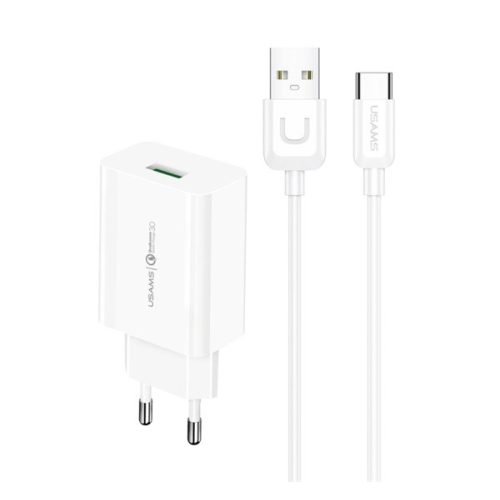 USAMS T48 hálózati töltő USB aljzat (18W, gyorstöltő 3.0 + Type-C kábel) FEHÉR
