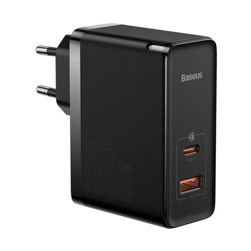 BASEUS hálózati töltő USB+Type-C aljzat (100W, GaN5, PD gyorstöltő) FEKETE