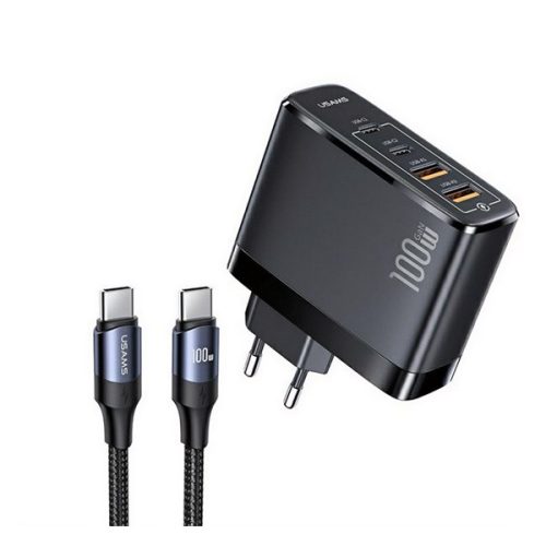 USAMS T44 hálózati töltő 2 USB+2 Type-C aljzat (100W, GaN, PD gyorstöltő 3.0 + Type-C kábel) FEKETE