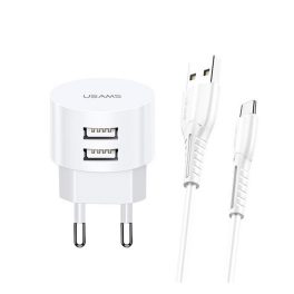   USAMS T20 hálózati töltő 2 USB aljzat (10W, gyorstöltő + microUSB kábel) FEHÉR