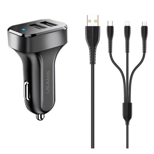 USAMS KING TU C13 autós töltő 2 USB aljzat (10W, LED jelzés + lightning/microUSB/Type-C kábel) FEKETE