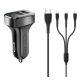 USAMS KING TU C13 autós töltő 2 USB aljzat (10W, LED jelzés + lightning/microUSB/Type-C kábel) FEKETE