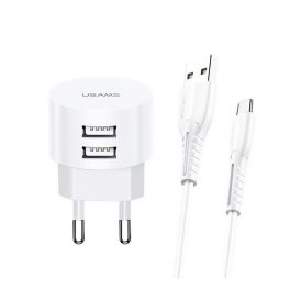   USAMS T20 hálózati töltő 2 USB aljzat (10W, gyorstöltő + Type-C kábel) FEHÉR