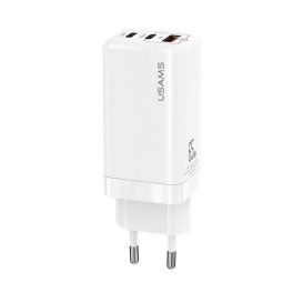   USAMS MT hálózati töltő 2 Type-C+USB aljzat (65W, GaN, PD gyorstöltő 3.0) FEHÉR