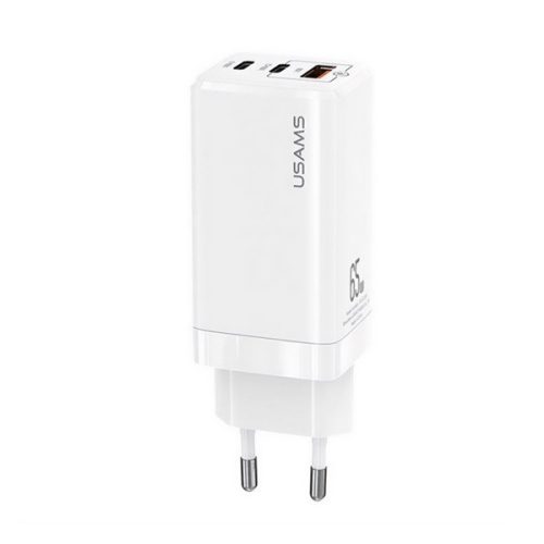 USAMS MT hálózati töltő 2 Type-C+USB aljzat (65W, GaN, PD gyorstöltő 3.0) FEHÉR