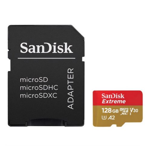 SANDISK EXTREME memóriakártya 128GB (microSDXC, Class 10, UHS-1, 190MB/s) + SD adapter