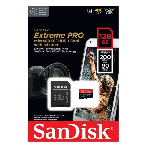 SANDISK EXTREME PRO memóriakártya 128GB (microSDXC, Class 10, UHS-1, 200MB/s) + SD adapter