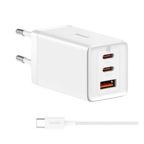 BASEUS hálózati töltő USB+2 Type-C aljzat (65W, PD gyorstöltő + Type-C kábel) FEHÉR